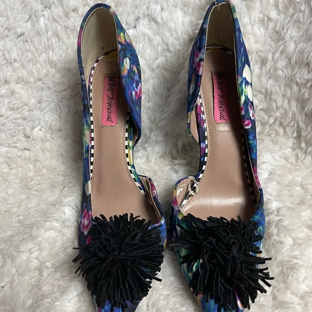 Betsey Johnson Hallye Fabric multi  color slip on heels black pompon accent SZ8